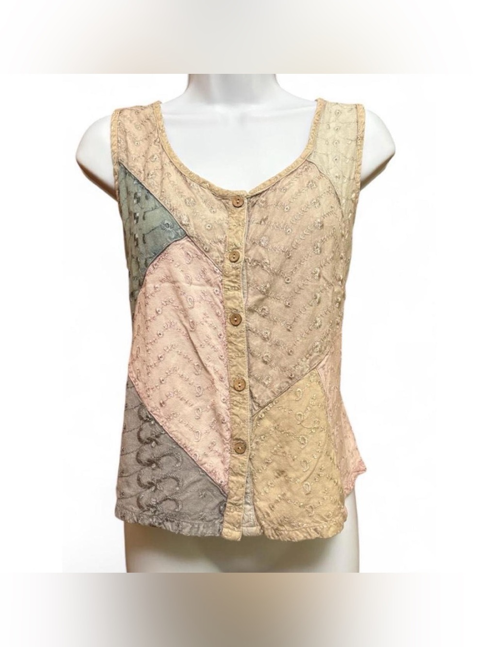 Sacred Threads patchwork tank top S buttons embroidered flowy Lagenlook witchy